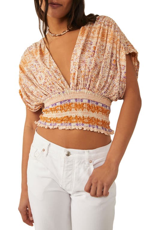 Smocked Elastic V-Neck Blouse In Ivory Combo