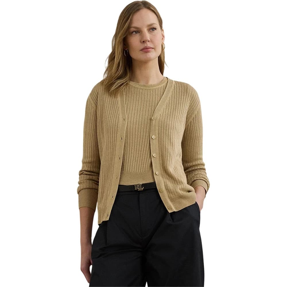 Birch Tan Rib-Knit Linen-Blend V-Neck Cardigan - XL