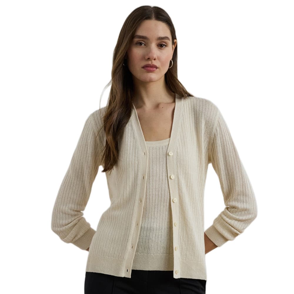 Mascarpone Cream Rib-knit Linen-blend V-neck Cardigan