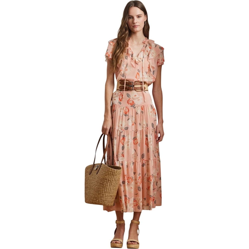 Pink Multi Colored Women's Floral Crinkle Georgette Tiered Skirt