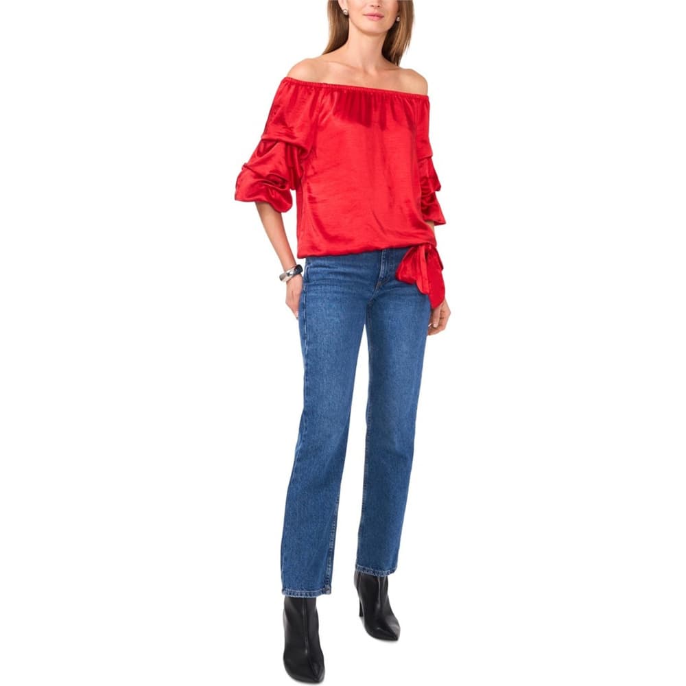 Ultra Red Off-the-shoulder Bubble Sleeve Tie Front Blouse