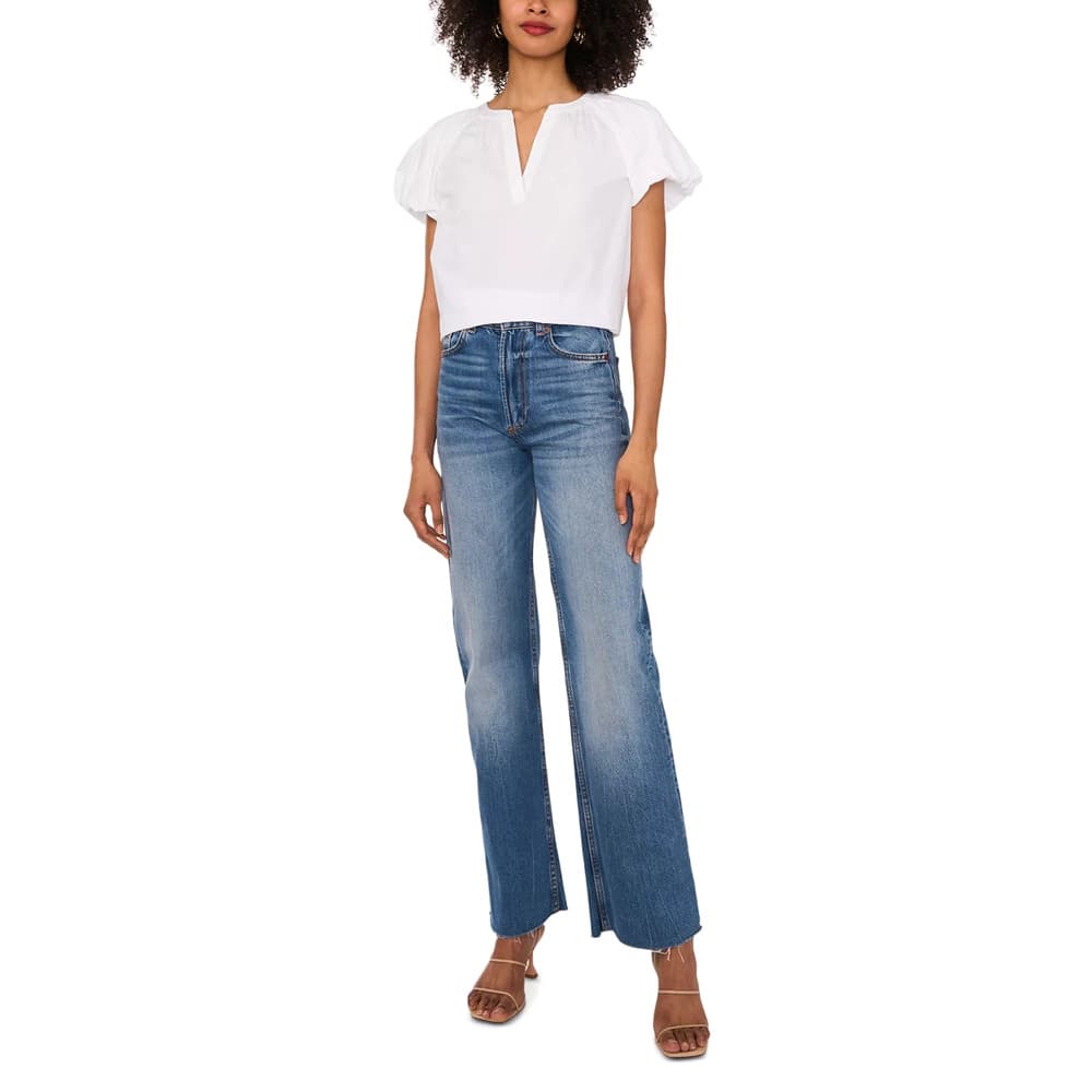 White Split Neck Raglan Puff Sleeve Blouse - L